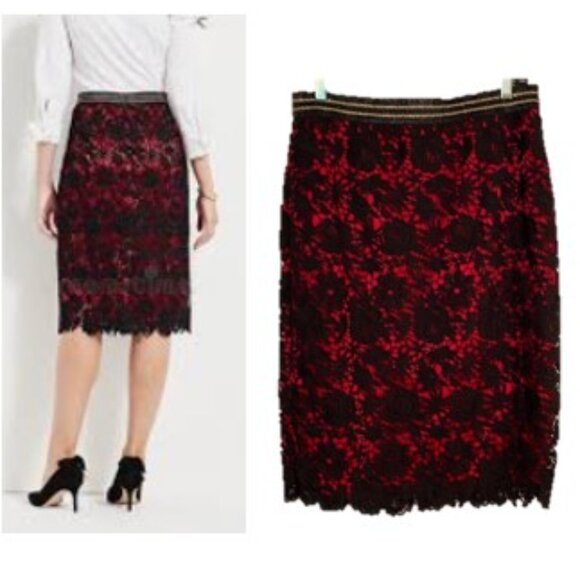 Talbots by RSVP Black lace on red pencil skirt w/ribbon elastic waist - Picture 1 of 8